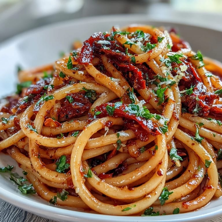 Vibrant bowl of spicy Calabrian chili pasta, featuring al dente bucatini coated in bold chili oil with anchovy and garlic.  