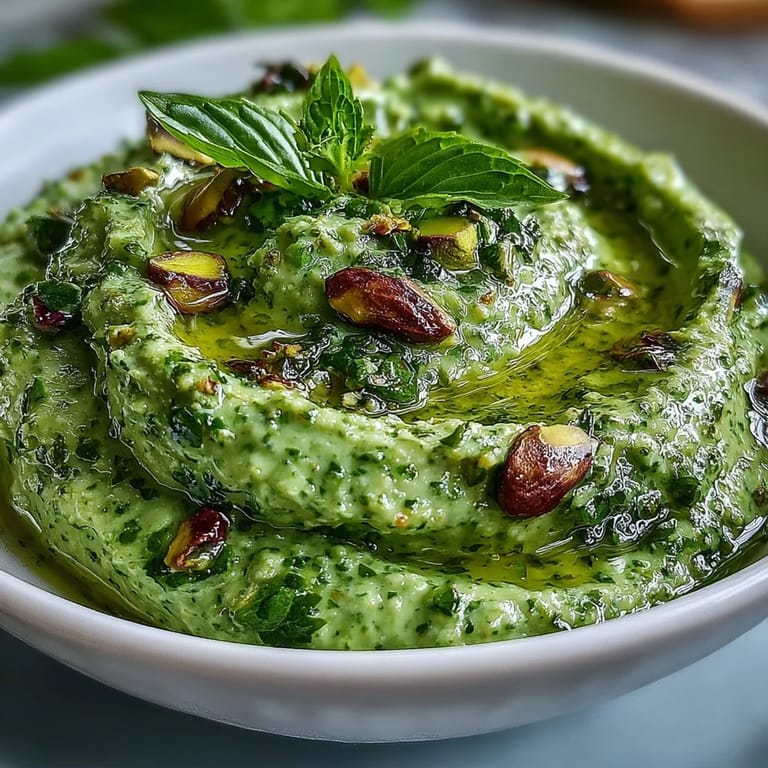 Vibrant green pistachio pesto spread on toasted crostini with a side of roasted vegetables.