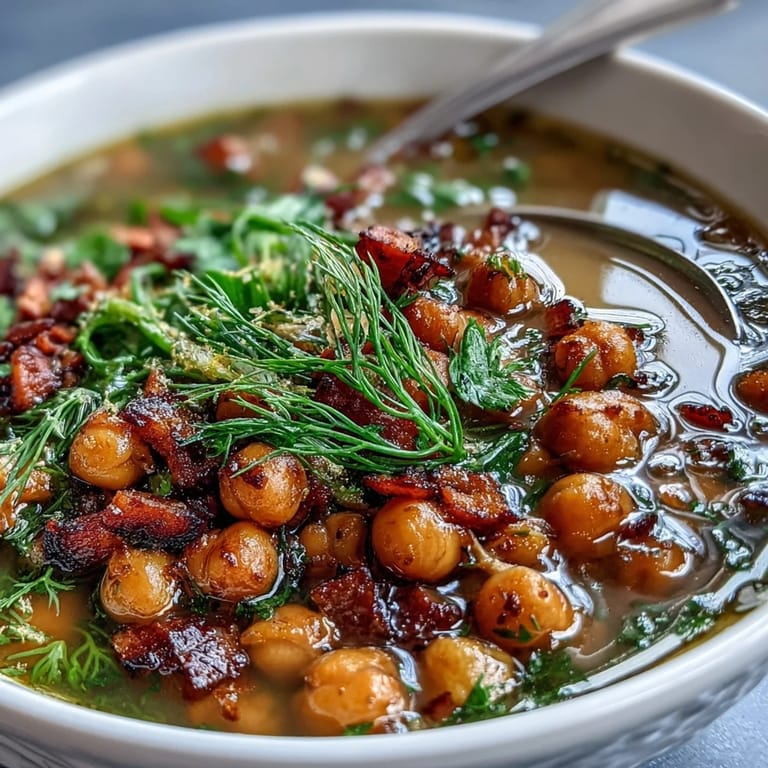 Kremowa zupa z szynką i ciecierzycą z aromatycznym koperkiem i cytrynowym akcentem, podawana gorąca.