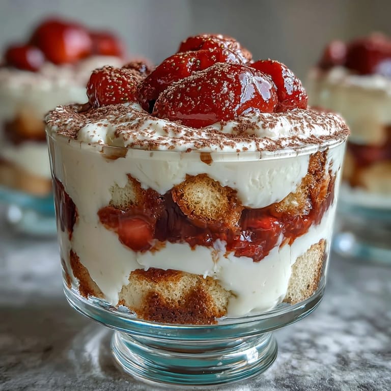 2. Individual strawberry tiramisu cups featuring fluffy mascarpone cream, juicy macerated strawberries, and coffee-dipped ladyfingers for a romantic treat.  