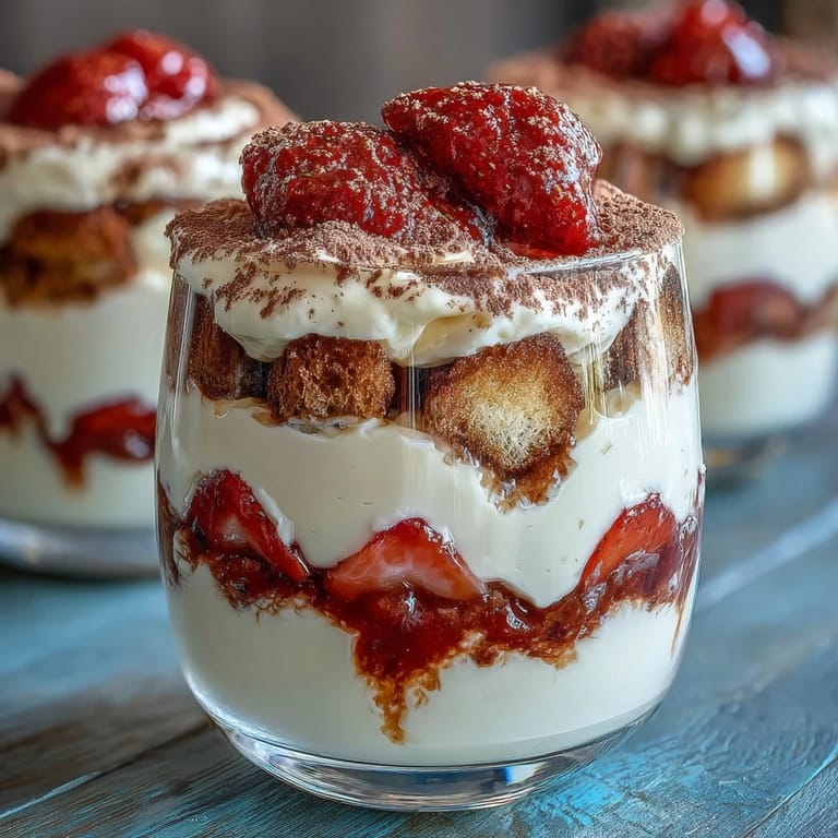 3. Beautiful Valentine's Day dessert cups layered with creamy mascarpone, sweet strawberries, and espresso-soaked savoiardi biscuits, garnished with cocoa powder.