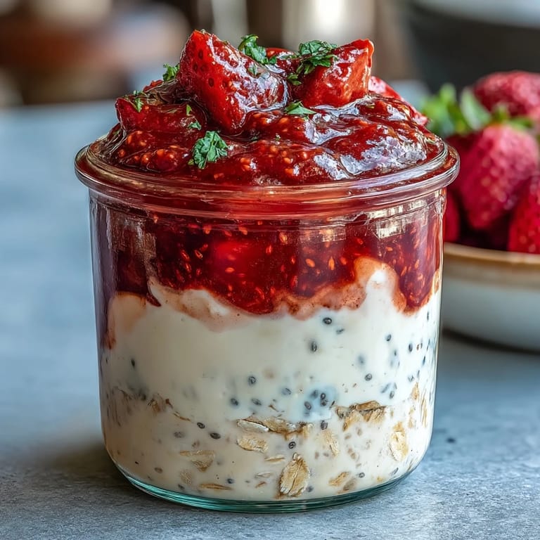 Warstwowe płatka z jogurtem i dżemem z truskawek i chia, zdobione świeżymi owocami, to smaczna i pełnowartościowa propozycja śniadaniowa.