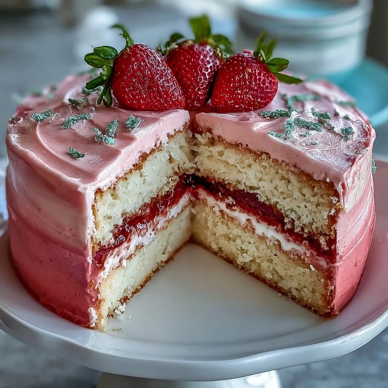 Beautifully layered vanilla cake with strawberry buttercream, showcasing a smooth pink gradient and fresh strawberry garnish for an elegant Valentine's treat.