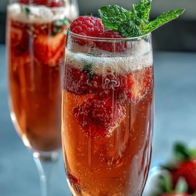 Bar koktajlowy Bellini z truskawkami z pokrywającymi dno kieliszka pururem owocowym i pęcherzykami szampana.