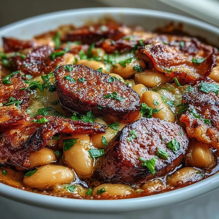 Kaszotto fasolowe z kawałkami szynki i kiełbasą, pieczone z chlebem tartym.