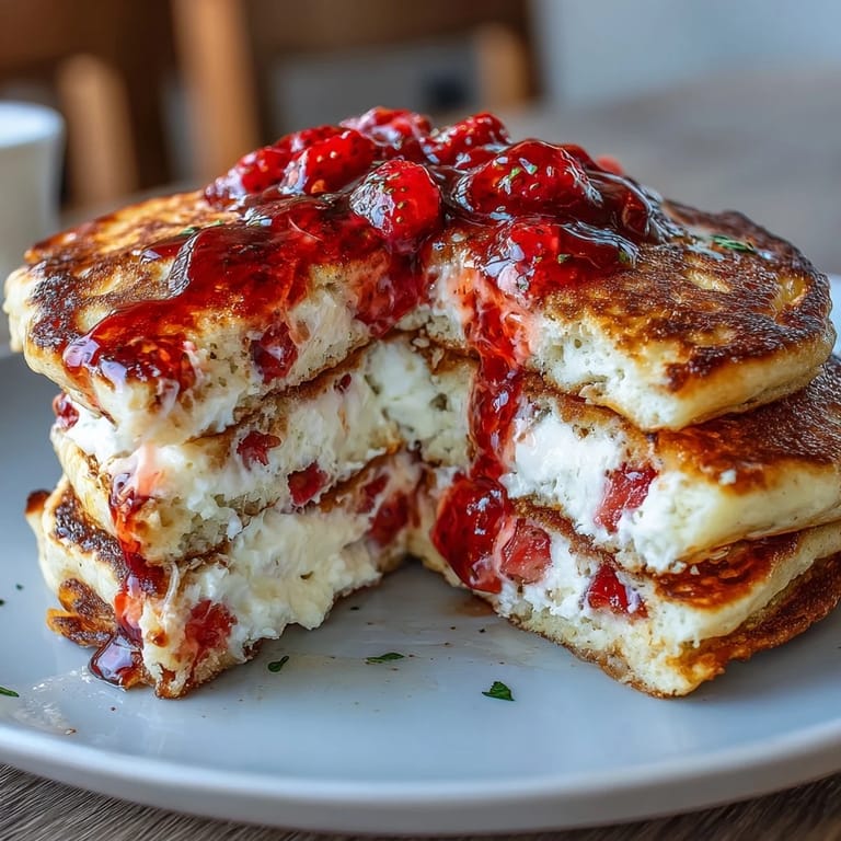 Płynne, puszyste naleśniki pełne białka, z serem wiejskim i kawałkami truskawek, gotowe w 25 minut.  