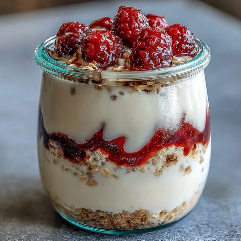 Warstwowe północne owsianki z świeżymi malinami i chia, pełne witamin i błonnika.  