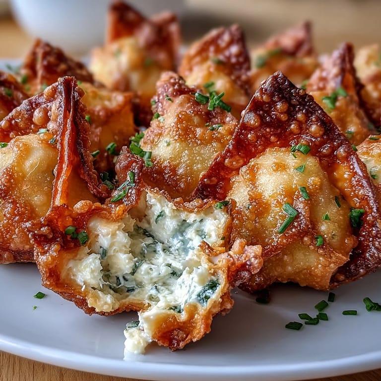 Złociste wontony z kremowym farszem z krabem, przyrządzone w frywarze jako lekka wersja klasycznej przekąski.