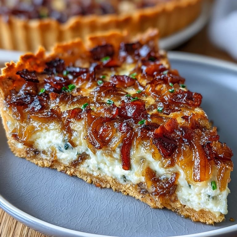 Złocista quiche z kremowym farszem, karmelizowaną cebulą i chrupiącym boczkiem w lekko zarumienionej ciasteczce.