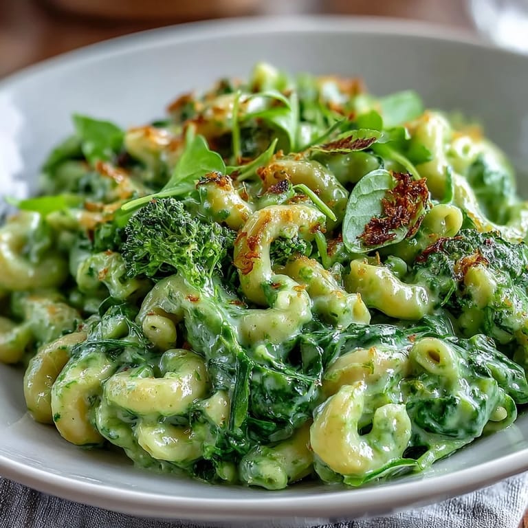 Pyszne, zielone makaron z serem z świeżym szpinakiem, brokułami i rozpływającym się serem na jasnym tle.