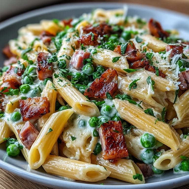 Talerz makaronu Creamy Leek, Pea, and Ham Pasta z serem i świeżymi ziołami na wierzchu.