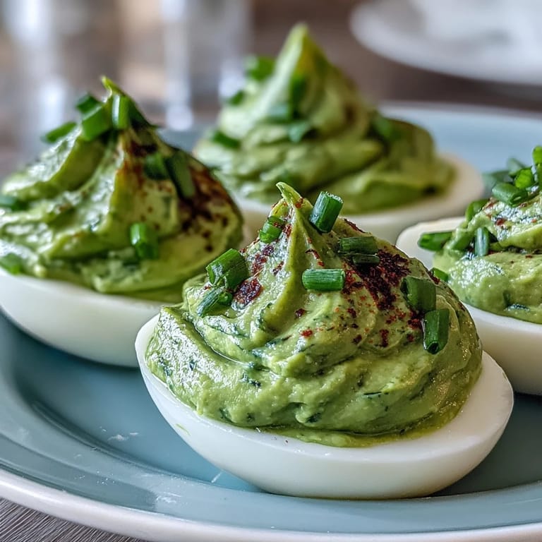 3. Bright green avocado deviled eggs topped with smoked paprika and fresh chives, offering a fresh and healthy twist on a classic appetizer.