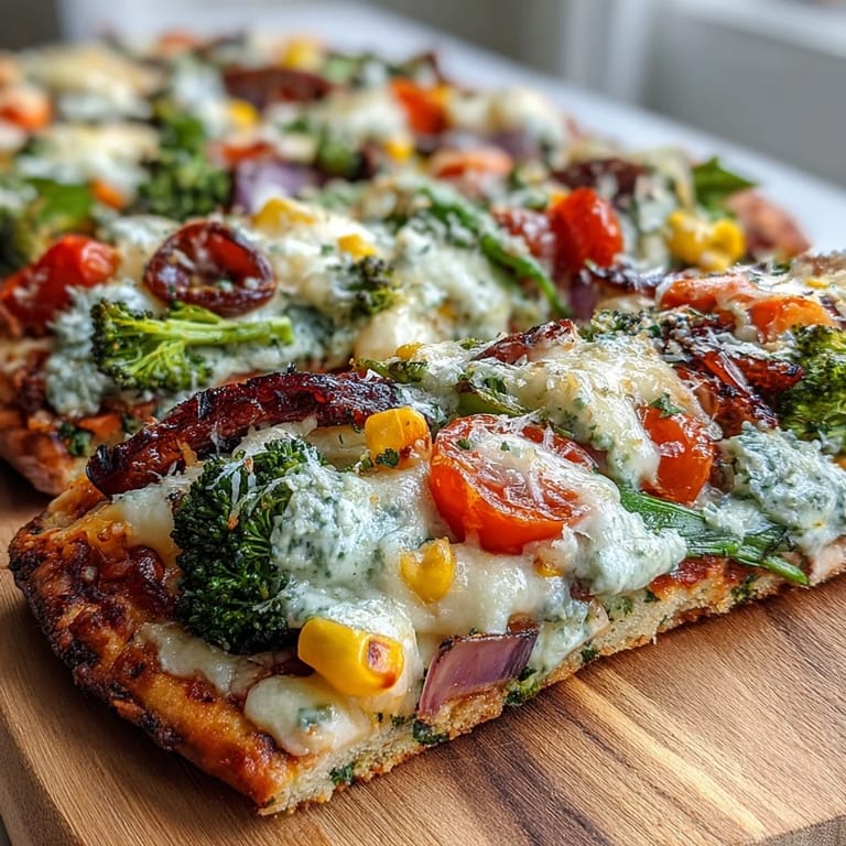 Festive St. Patricks Day Rainbow Veggie Flatbread Pizza topped with mozzarella and arranged in a colorful vegetable rainbow.  