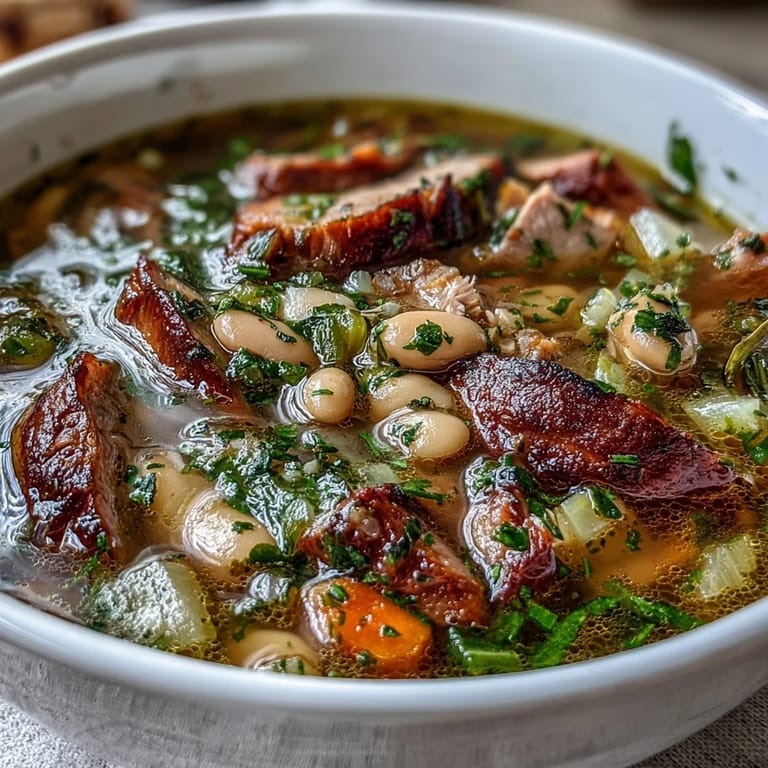 Gęsta, kremowa zupa jarzynowa z kruconym indykiem i fasolą cannellini, gotowana z świeżym tymianem i rozmarynem.