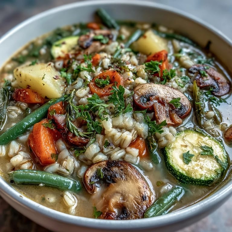 Poważna, kremowa zupa jarzynowa z kuskusem i grzybami, z kawałkami ziemniaków i cukini, podana z świeżą pietruszką.