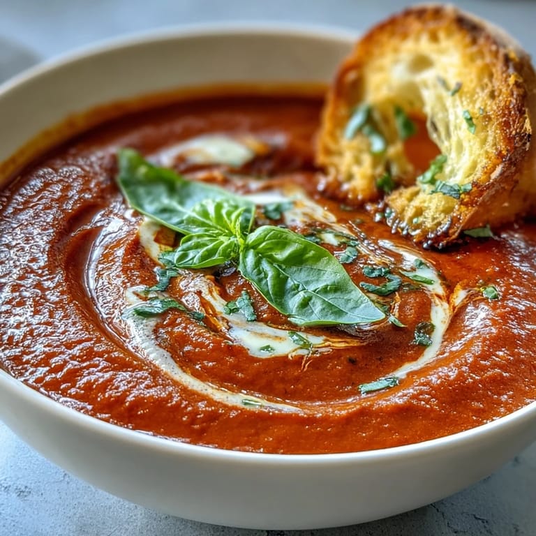 Kremowa pomidorowa zupa z bazylią i chrupiącymi grzankami z chleba kwaszonego - aromatyczna, kremowa potrawa z sytą konsystencją.