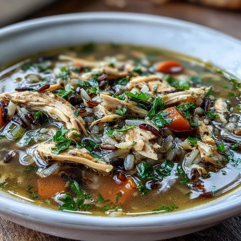 Gęsta zupa z kurczakiem i dziką ryżem z czerwonej marchewką, pełna smaku i komfortu.