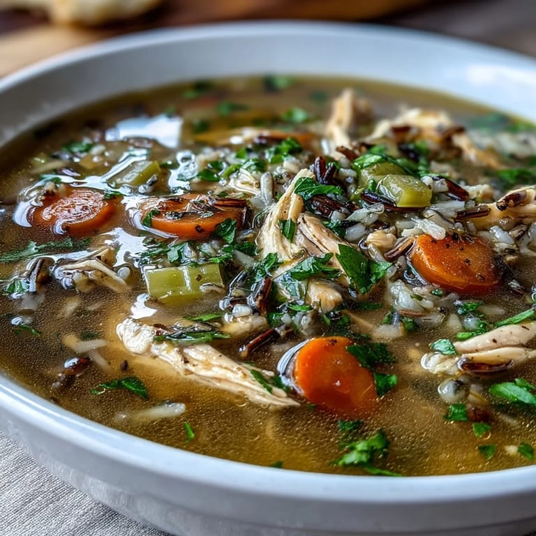 Pyszna zupa z kurczakiem i dziką ryżem z czerwonej marchewką, gotowana z świeżymi warzywami.