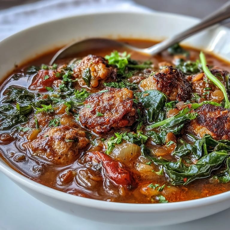 Ostro-spicy zupa z kiełbasą i soczewicą z chrupiącymi liśćmi kalafiora, gotowana w aromatycznym bulionie pomidorowym.