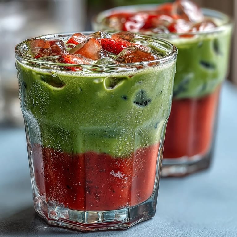 Pyszny koktajl lodowy z truskawką i matcha, przyrządzonego z truskawek świeżych i mleka kokosowego, bez laktozy.
