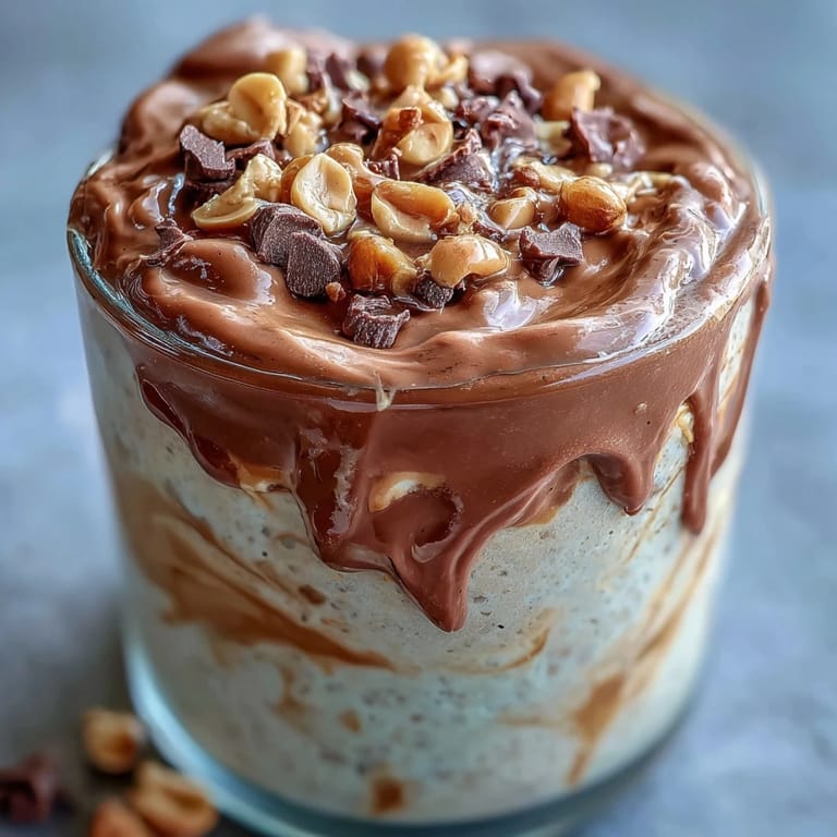 Wrzucane z owsianki na noc z masłem orzechowym i czekoladą, zdobione mini czekoladkami i pokruszonymi orzechami warkoczkowymi.