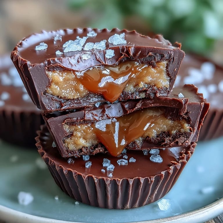 3. Indulgent peanut butter cups with salted caramel filling, luscious chocolate shell, and delicate sea salt flakes for a sweet-salty treat.