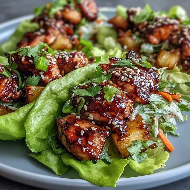 Tender chicken glazed in homemade teriyaki sauce, mixed with pineapple and crisp vegetables, served in fresh lettuce leaves for a light Asian-inspired meal.  