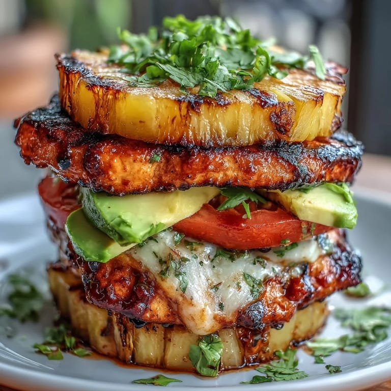 3. Flavorful grilled chicken pineapple burger stacks featuring smoky paprika, fresh avocado, and crisp lettuce for a fresh, satisfying main dish.