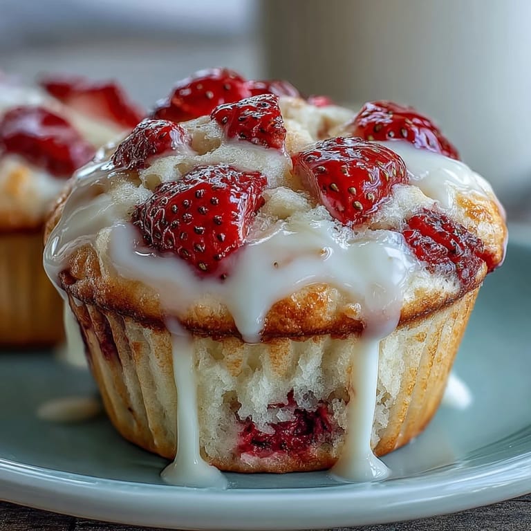 Kolorowe muffinki z truskawkami, z kremowym greckim jogurtem, pachnące świeżością i słodyczą.