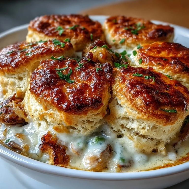 Pyszny, kremowy kotlet z kurczaka z chrupiącym placem biszkoptowym, podawany w głębokim naczyniu.