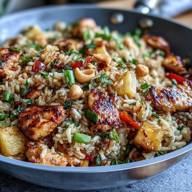 Żarliwa patelnia pełna aromatycznego ryżu smażonego z kurczakiem, świeżym ananasem i papryką, gotowa do podania.  