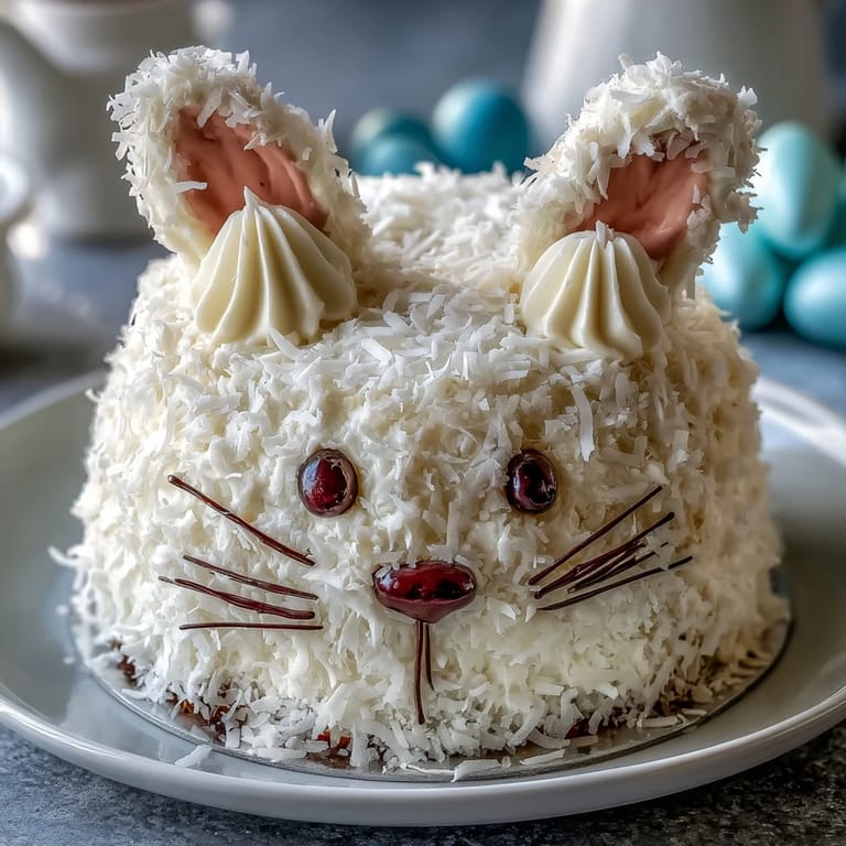 Coconut-frosted Easter Bunny Cake with colorful jelly beans and marshmallow accents.