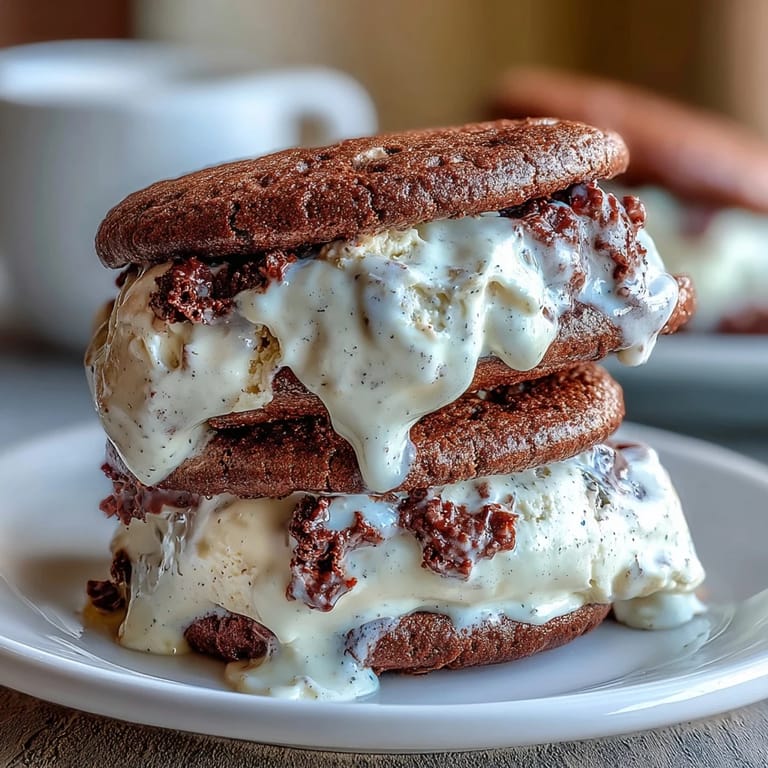 Pyszne ciasteczka z kawową nutą otaczają kremowe lody waniliowe, tworząc idealne ciastka na gorące lato.