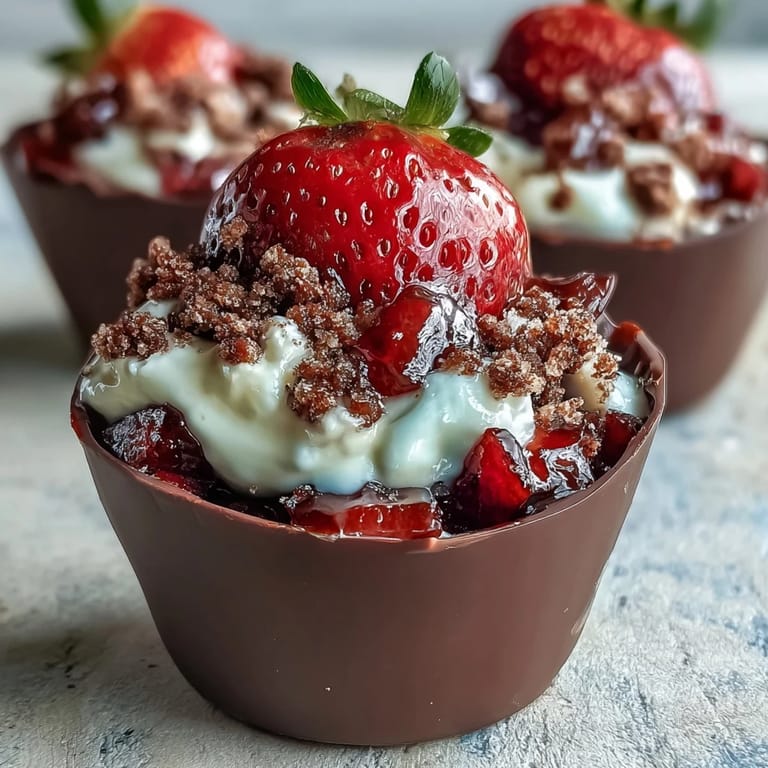 Słodki deser z filiżanek czekoladowych, nadziewanych kremem truskawkowym i kruszonką Biscoff.  