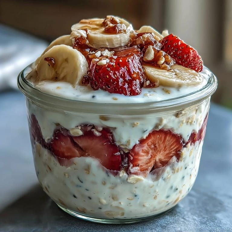 Nawilżone płatki z chia, truskawki i banan, przyozdobione kwaśnym jogurtem greckim, gotowe do schłodzenia.