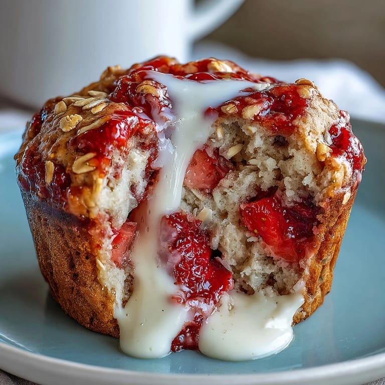 Pyszne muffinki pełne świeżych truskawek, greckiego jogurtu i płatków owsianych, gotowe do podania na słodki początek dnia.