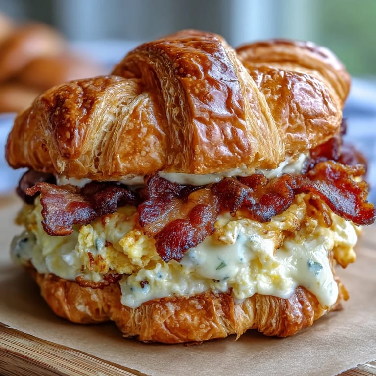 Złocisto-puszyste bułki croissant z roztrzepanym jajkiem i roztopionym serem, podawane z świeżymi ziołami i kromką bekonu.