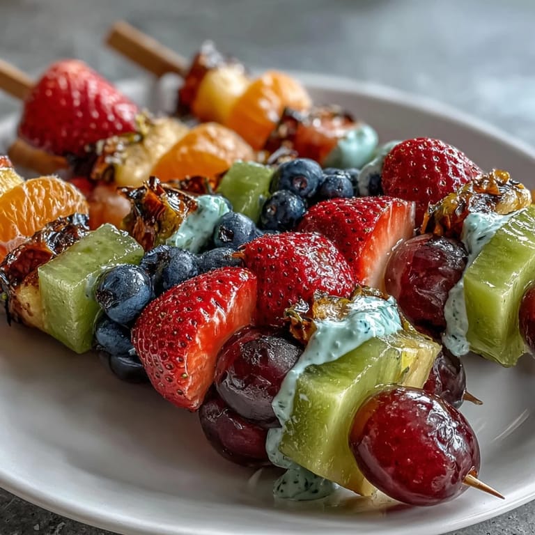 Kolorowe szaszłyki owocowe w formie tęczy z kremowym dipem jogurtowo-miętowym  