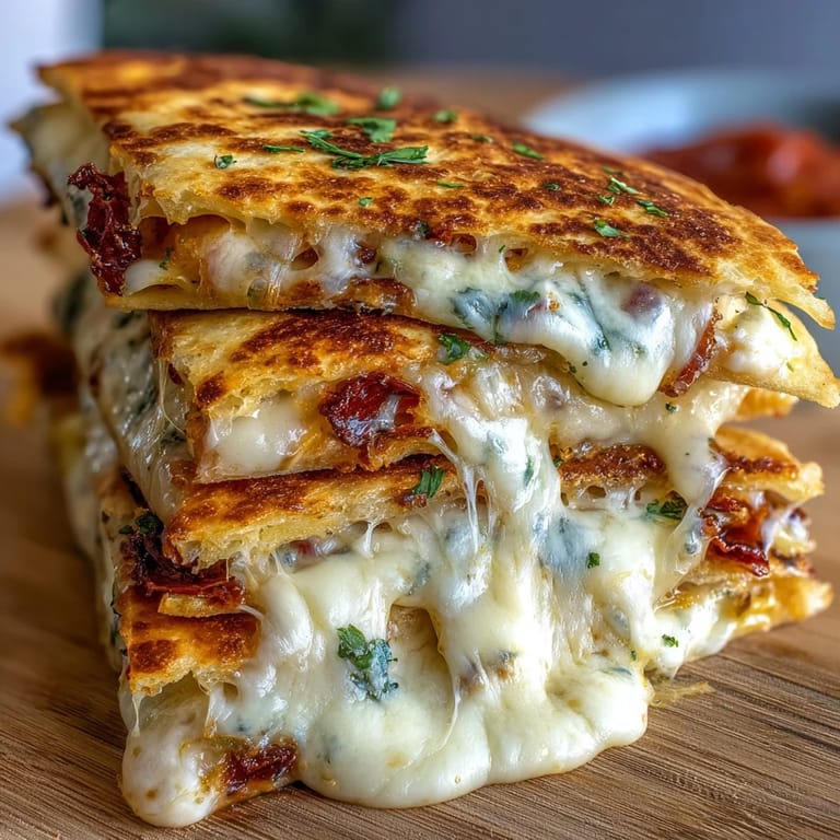 Cheesy mini quesadilla triangles with bell pepper and spinach, cut into wedges and paired with zesty homemade salsa for dipping.