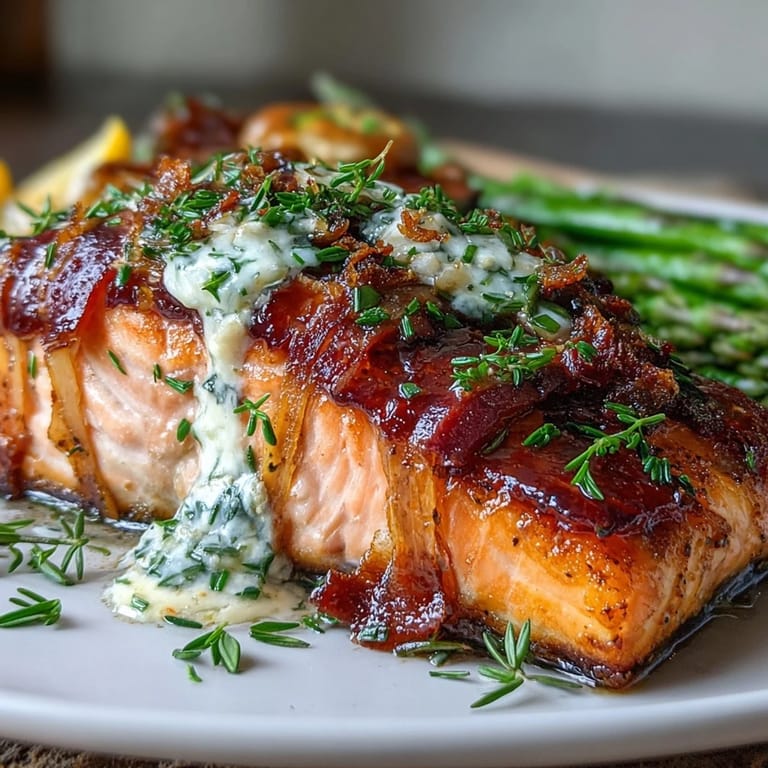 Elegancka potrawa z łososia i szparagów, zapiekana z sosem czosnkowo-cytrynowym.