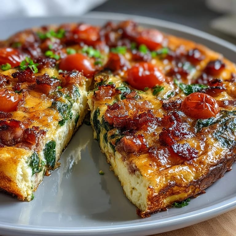 Smażona na patelni frittata z kawałkami szynki, pomidorów i szpinaku, pokryta warstwą rozpływającego się sera cheddar.