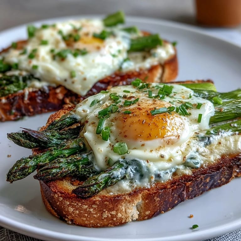 Otwarty kanapik z kremowymi jajkami, szparagami i świeżymi chive'ami  
