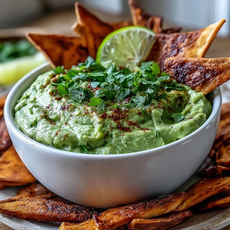 Kremowa guacamole z edamame z ostrym kwiatuszkiem i świeżą kolendrą - idealna na przyjęcia z chrupiącymi płatkami pita.  