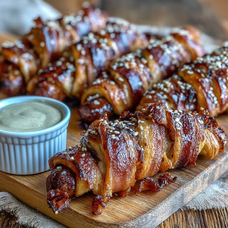Mini kiełbaski w puszystej ciastce francuskiej, pieczone do złotego koloru, z sosem musztardowo-miodowym.