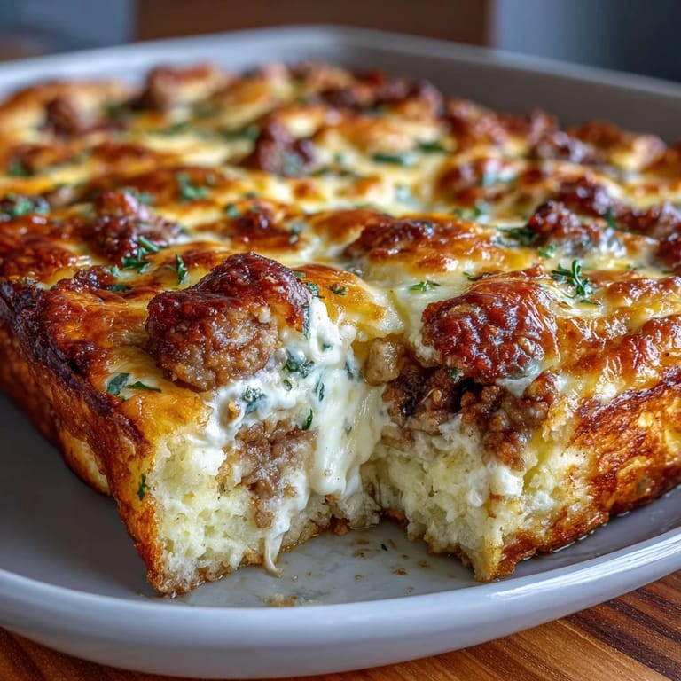 Puszysta kasza śniadaniowa z kiełbasą, warzywami i serkiem topionym na zimno.