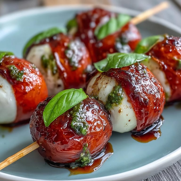 Aromatyczne kłącza Caprese z pesto z natką pietruszki, świeżą bazylia i mozzarella bocconcini, gotowe do podania.