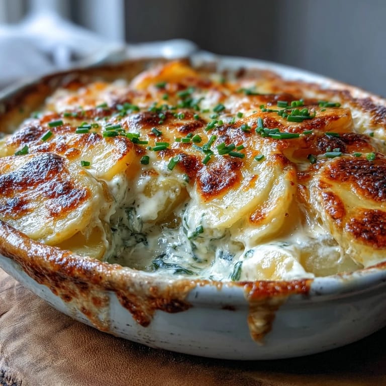 3. A classic French side dish of creamy au gratin potatoes, golden-baked with layers of cheese and nutmeg-infused cream.