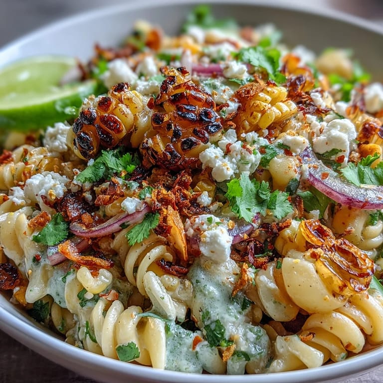 2. Vibrant vegetarian pasta salad inspired by elote, featuring fusilli, fresh cilantro, cherry tomatoes, and smoky chili spices.  