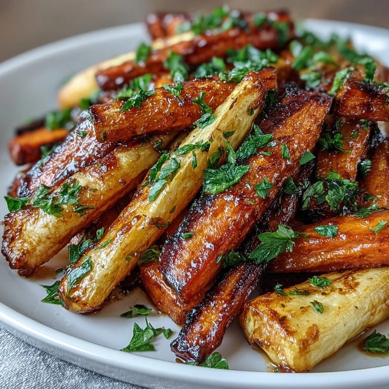 Słodkie i ziołowe marchewki i pietruszki z miodem, idealne jako dodatek do kiełbasy.