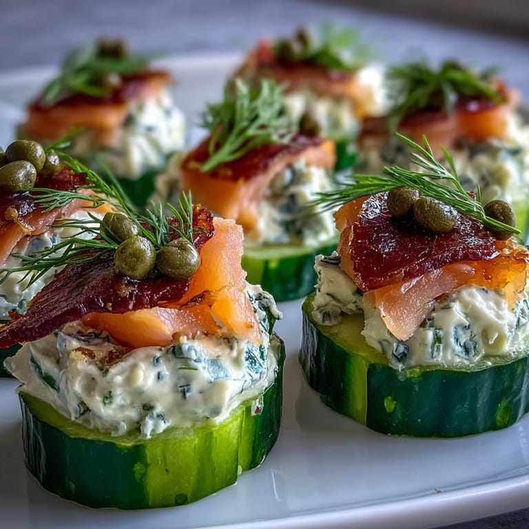 Eleganckie, chłodne kawałki ogórku z kremowym serem, łososiem wędzonym i kaparami.